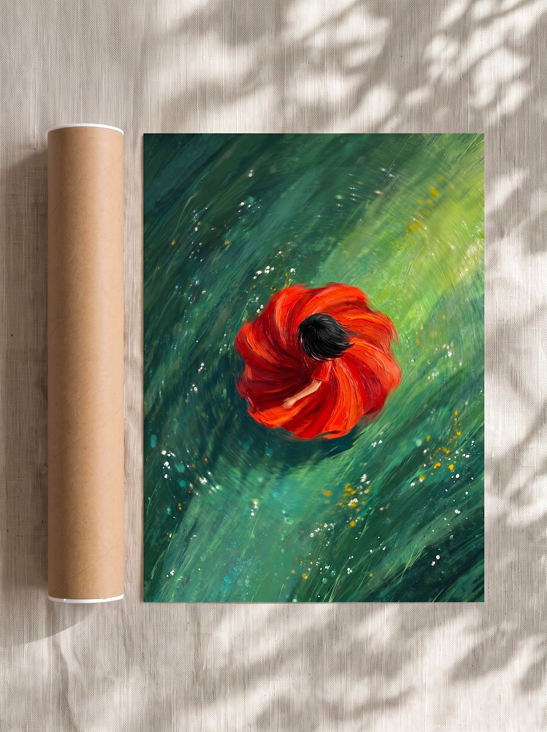 A Girl in a Red Dress Dancing in a Meadow