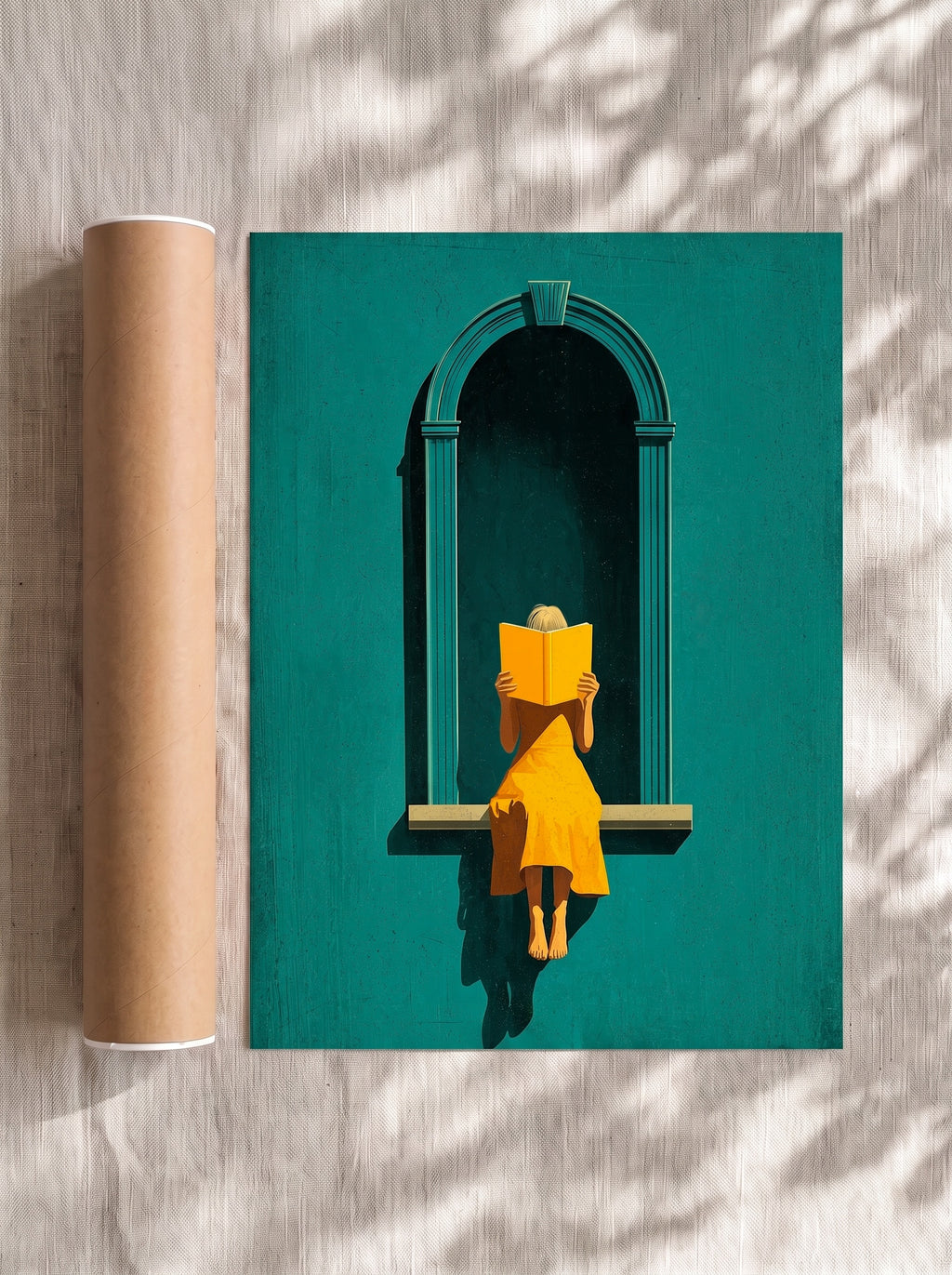 Girl in yellow reading a book by the window, Poster, Decorative Print