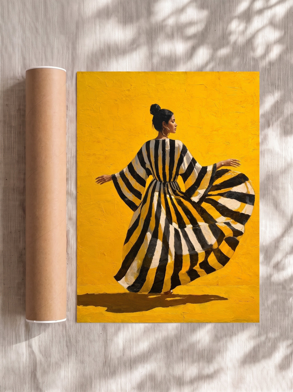 Girl in a striped dress on yellow, Poster, Decorative Print