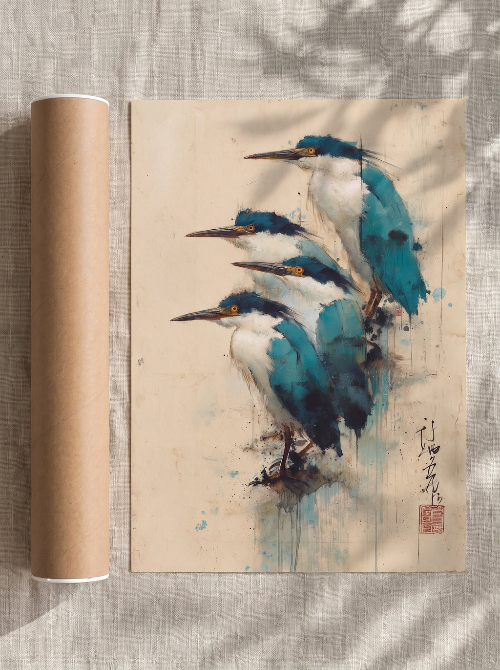 Blue Birds — Japanese Ukiyo-e Style