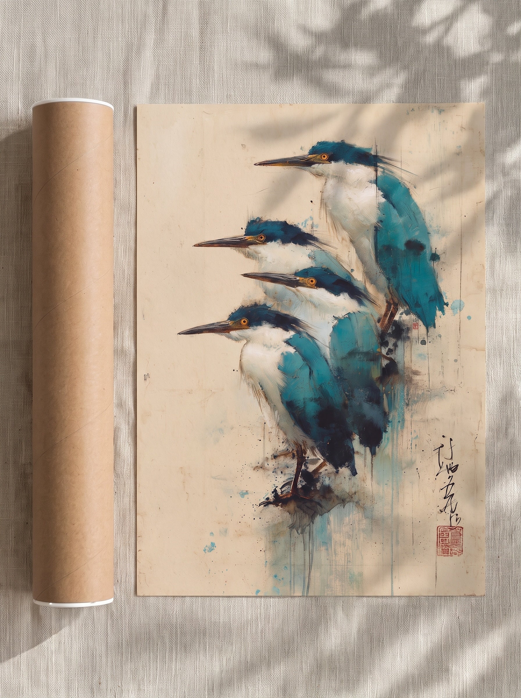 Blue Birds — Japanese Ukiyo-e Style